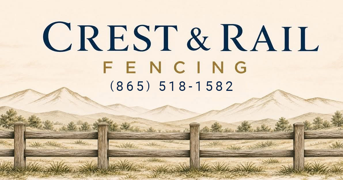 Crest & Rail Fencing logo with illustrated Tennessee landscape and split-rail fence