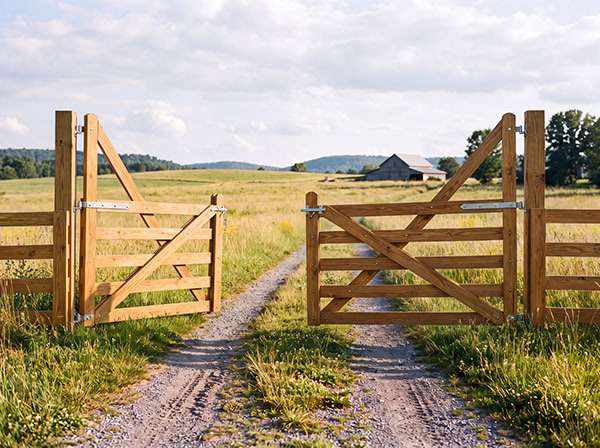Wide timber farm gate integrated into a pasture fence