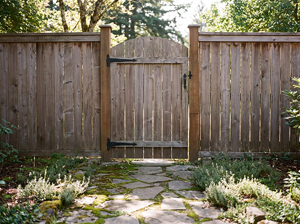 Cedar pedestrian gate integrated into a privacy fence