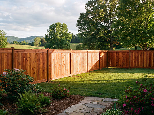 Cedar wood privacy fence surrounding a landscaped yard